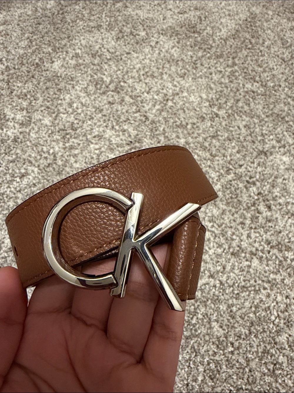 Calvin Klein Brown Synthetic Leather Belt with Silver Logo Buckle